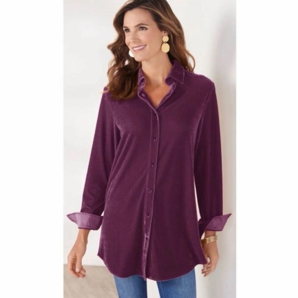 Soft Surroundings Purple Velvet Boyfriend Button Up Long Sleeve‎ Tunic Shirt XL